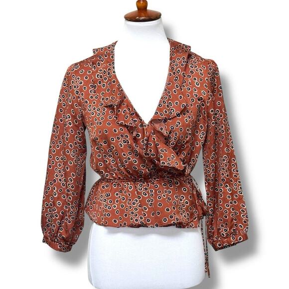 NWT Outerknown Rhiannon Ruffle Trim Tie Wrap Blouse Top Brown Women's Size XS - Picture 2 of 16